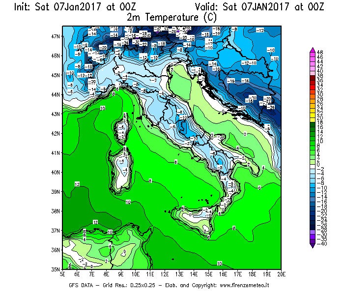 Mappa di analisi GFS - Temperatura a 2 metri dal suolo [°C] in Italia
									del 07/01/2017 00 <!--googleoff: index-->UTC<!--googleon: index-->