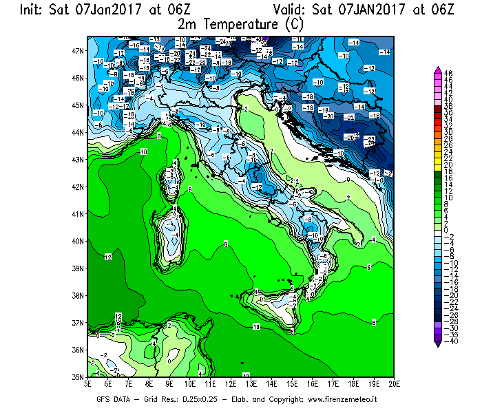 Mappa di analisi GFS - Temperatura a 2 metri dal suolo [°C] in Italia
							del 07/01/2017 06 <!--googleoff: index-->UTC<!--googleon: index-->