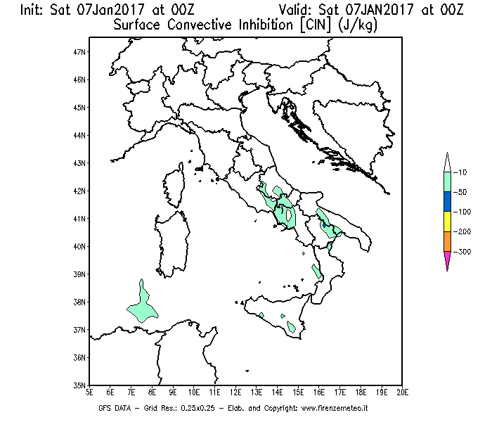 Mappa di analisi GFS - CIN [J/kg] in Italia
									del 07/01/2017 00 <!--googleoff: index-->UTC<!--googleon: index-->