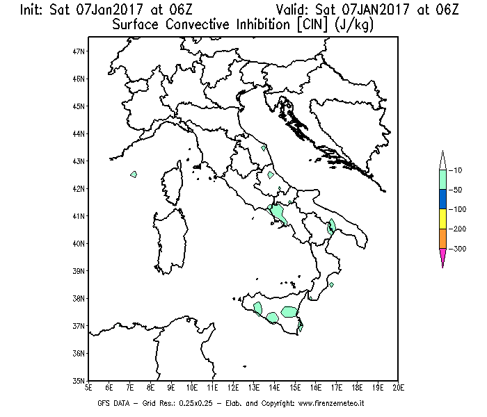 Mappa di analisi GFS - CIN [J/kg] in Italia
							del 07/01/2017 06 <!--googleoff: index-->UTC<!--googleon: index-->