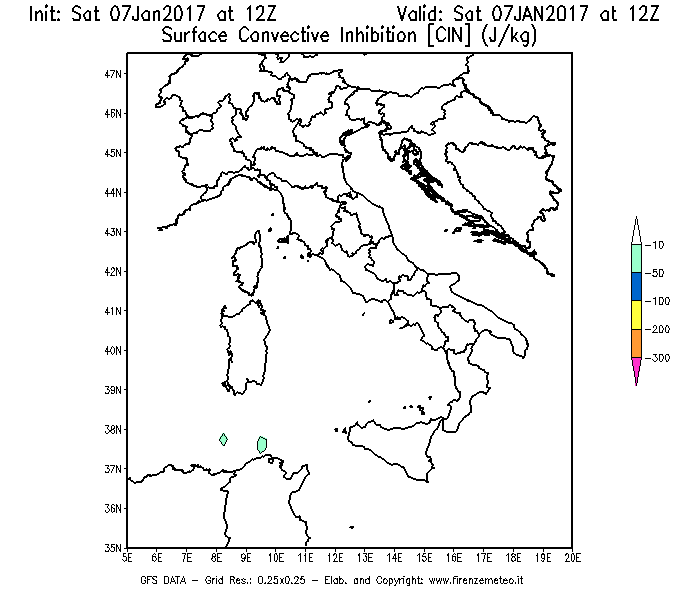 Mappa di analisi GFS - CIN [J/kg] in Italia
							del 07/01/2017 12 <!--googleoff: index-->UTC<!--googleon: index-->