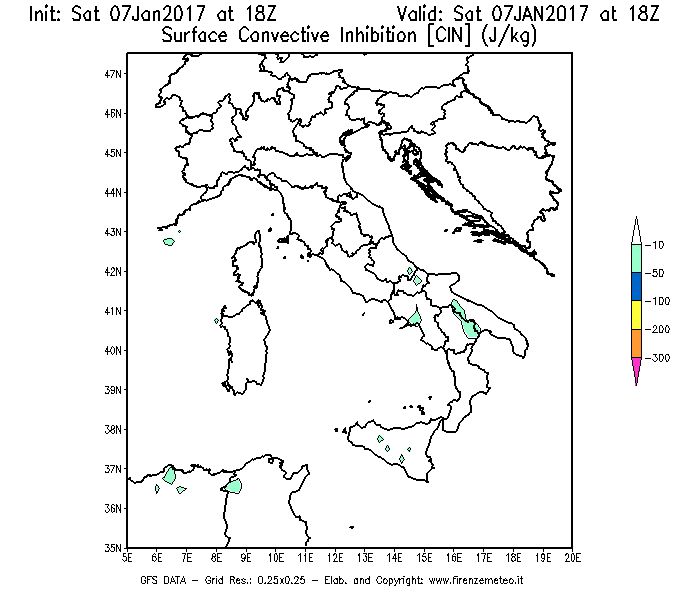 Mappa di analisi GFS - CIN [J/kg] in Italia
							del 07/01/2017 18 <!--googleoff: index-->UTC<!--googleon: index-->