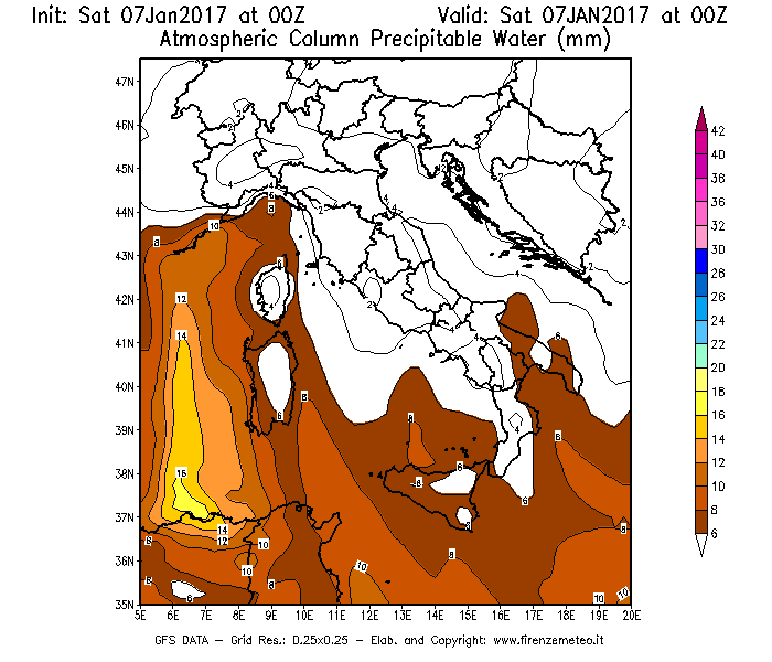 Mappa di analisi GFS - Precipitable Water [mm] in Italia
							del 07/01/2017 00 <!--googleoff: index-->UTC<!--googleon: index-->