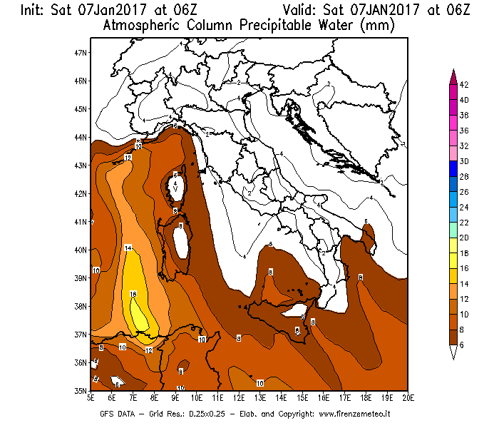 Mappa di analisi GFS - Precipitable Water [mm] in Italia
							del 07/01/2017 06 <!--googleoff: index-->UTC<!--googleon: index-->