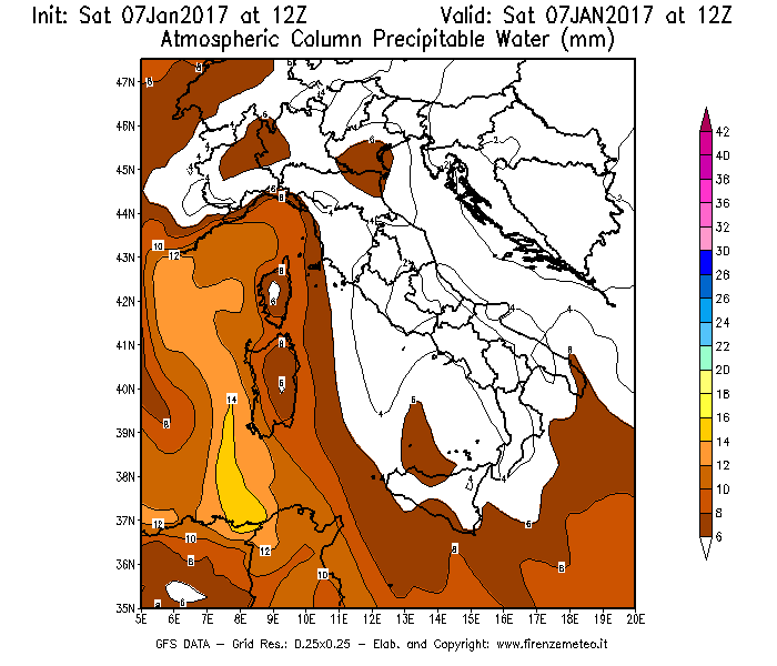 Mappa di analisi GFS - Precipitable Water [mm] in Italia
							del 07/01/2017 12 <!--googleoff: index-->UTC<!--googleon: index-->