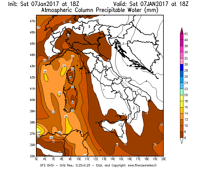Mappa di analisi GFS - Precipitable Water [mm] in Italia
							del 07/01/2017 18 <!--googleoff: index-->UTC<!--googleon: index-->