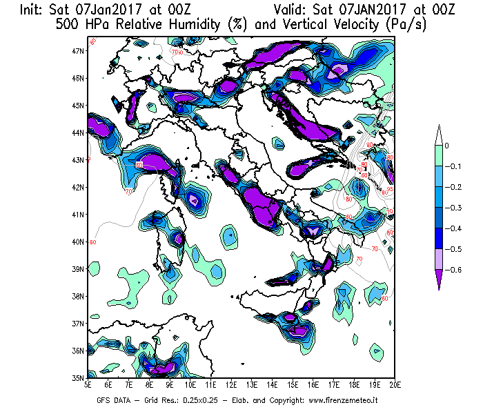 Mappa di analisi GFS - Umidità relativa [%] e Omega [Pa/s] a 500 hPa in Italia
							del 07/01/2017 00 <!--googleoff: index-->UTC<!--googleon: index-->