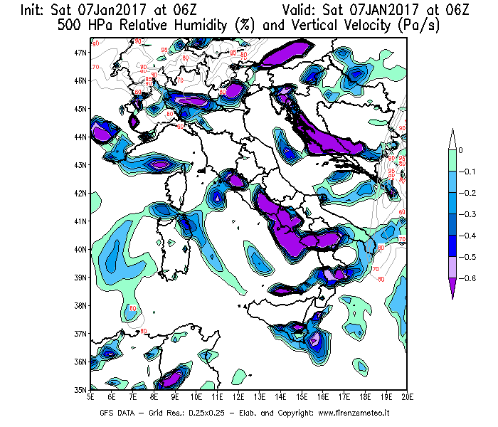 Mappa di analisi GFS - Umidità relativa [%] e Omega [Pa/s] a 500 hPa in Italia
									del 07/01/2017 06 <!--googleoff: index-->UTC<!--googleon: index-->