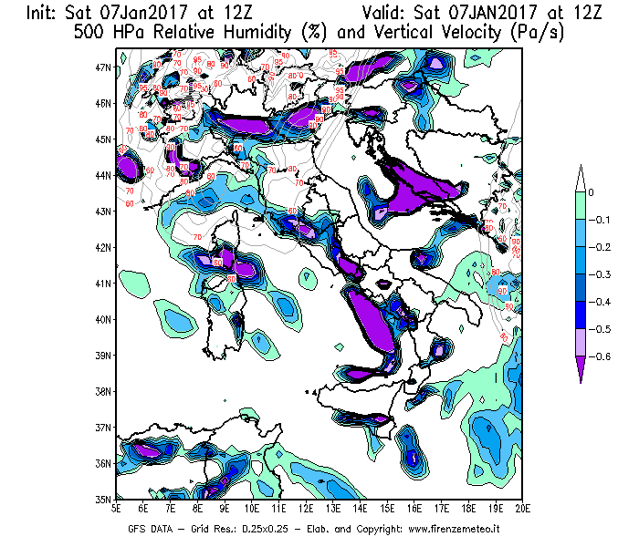 Mappa di analisi GFS - Umidità relativa [%] e Omega [Pa/s] a 500 hPa in Italia
									del 07/01/2017 12 <!--googleoff: index-->UTC<!--googleon: index-->