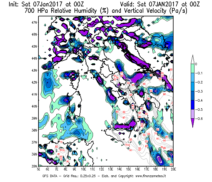 Mappa di analisi GFS - Umidità relativa [%] e Omega [Pa/s] a 700 hPa in Italia
									del 07/01/2017 00 <!--googleoff: index-->UTC<!--googleon: index-->