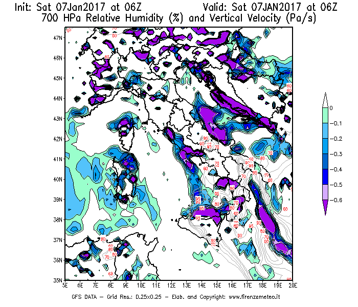 Mappa di analisi GFS - Umidità relativa [%] e Omega [Pa/s] a 700 hPa in Italia
									del 07/01/2017 06 <!--googleoff: index-->UTC<!--googleon: index-->