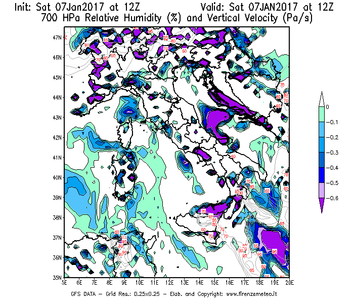 Mappa di analisi GFS - Umidità relativa [%] e Omega [Pa/s] a 700 hPa in Italia
							del 07/01/2017 12 <!--googleoff: index-->UTC<!--googleon: index-->