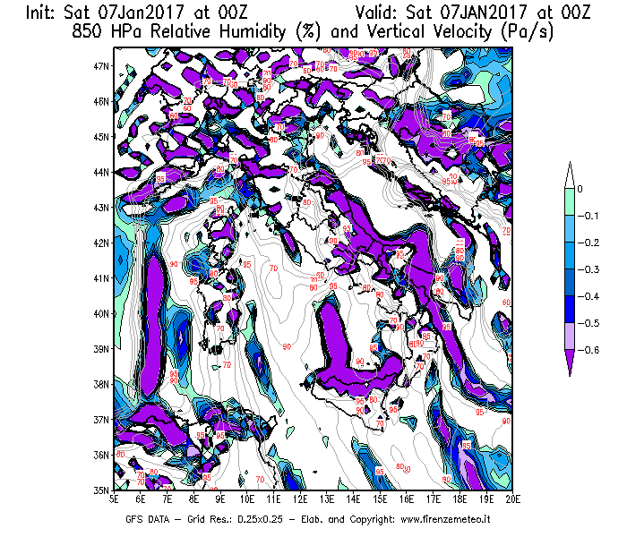 Mappa di analisi GFS - Umidità relativa [%] e Omega [Pa/s] a 850 hPa in Italia
									del 07/01/2017 00 <!--googleoff: index-->UTC<!--googleon: index-->