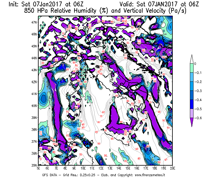 Mappa di analisi GFS - Umidità relativa [%] e Omega [Pa/s] a 850 hPa in Italia
									del 07/01/2017 06 <!--googleoff: index-->UTC<!--googleon: index-->