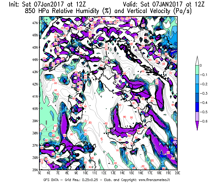Mappa di analisi GFS - Umidità relativa [%] e Omega [Pa/s] a 850 hPa in Italia
							del 07/01/2017 12 <!--googleoff: index-->UTC<!--googleon: index-->