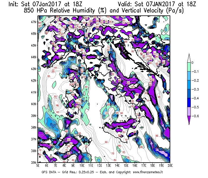 Mappa di analisi GFS - Umidità relativa [%] e Omega [Pa/s] a 850 hPa in Italia
									del 07/01/2017 18 <!--googleoff: index-->UTC<!--googleon: index-->
