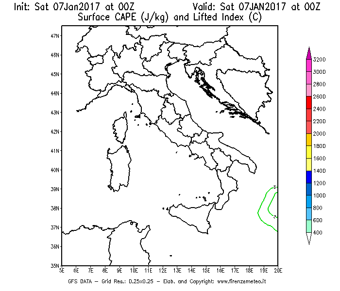 Mappa di analisi GFS - CAPE [J/kg] e Lifted Index [°C] in Italia
									del 07/01/2017 00 <!--googleoff: index-->UTC<!--googleon: index-->