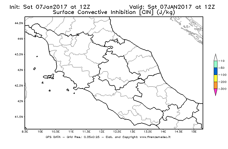 Mappa di analisi GFS - CIN [J/kg] in Centro-Italia
							del 07/01/2017 12 <!--googleoff: index-->UTC<!--googleon: index-->