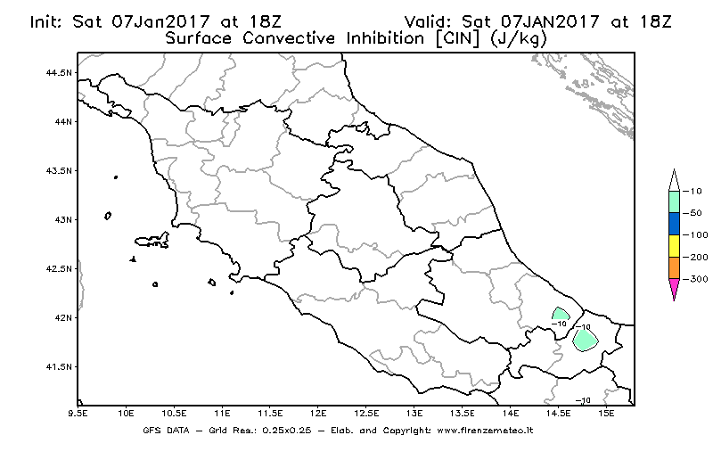 Mappa di analisi GFS - CIN [J/kg] in Centro-Italia
									del 07/01/2017 18 <!--googleoff: index-->UTC<!--googleon: index-->
