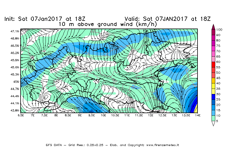 Mappa di analisi GFS - Velocità del vento a 10 metri dal suolo [km/h] in Nord-Italia
							del 07/01/2017 18 <!--googleoff: index-->UTC<!--googleon: index-->