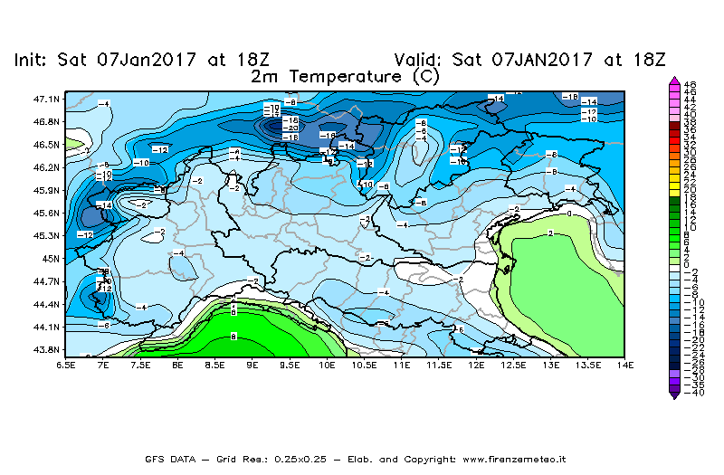 Mappa di analisi GFS - Temperatura a 2 metri dal suolo [°C] in Nord-Italia
							del 07/01/2017 18 <!--googleoff: index-->UTC<!--googleon: index-->