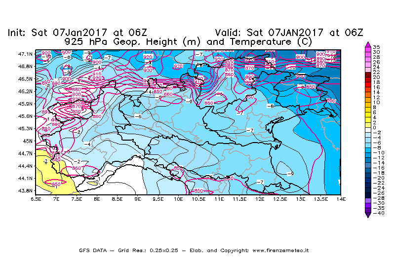 Mappa di analisi GFS - Geopotenziale [m] e Temperatura [°C] a 925 hPa in Nord-Italia
									del 07/01/2017 06 <!--googleoff: index-->UTC<!--googleon: index-->