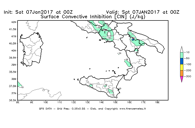 Mappa di analisi GFS - CIN [J/kg] in Sud-Italia
							del 07/01/2017 00 <!--googleoff: index-->UTC<!--googleon: index-->