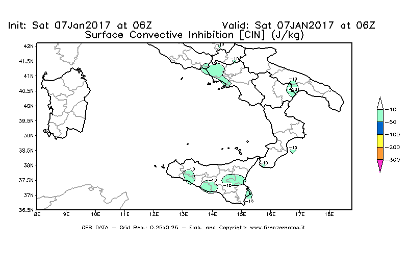 Mappa di analisi GFS - CIN [J/kg] in Sud-Italia
									del 07/01/2017 06 <!--googleoff: index-->UTC<!--googleon: index-->