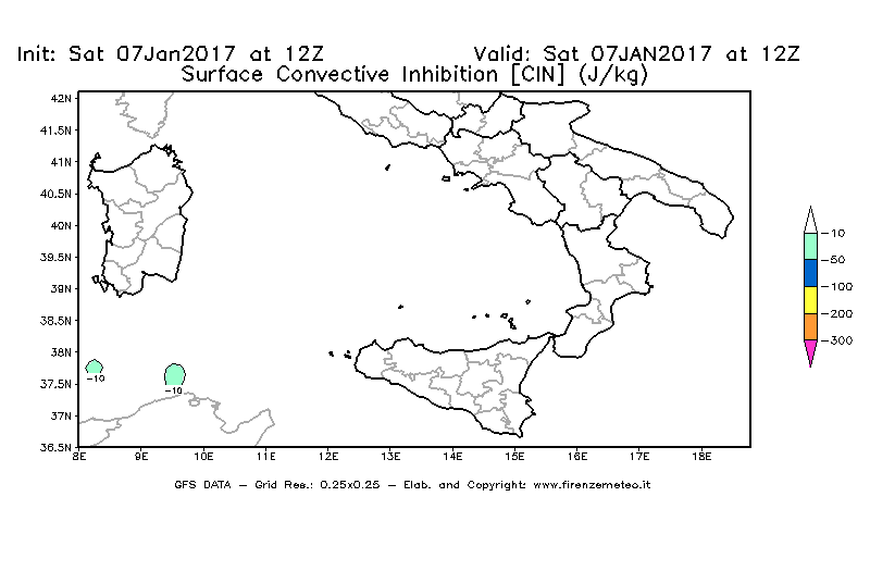 Mappa di analisi GFS - CIN [J/kg] in Sud-Italia
									del 07/01/2017 12 <!--googleoff: index-->UTC<!--googleon: index-->