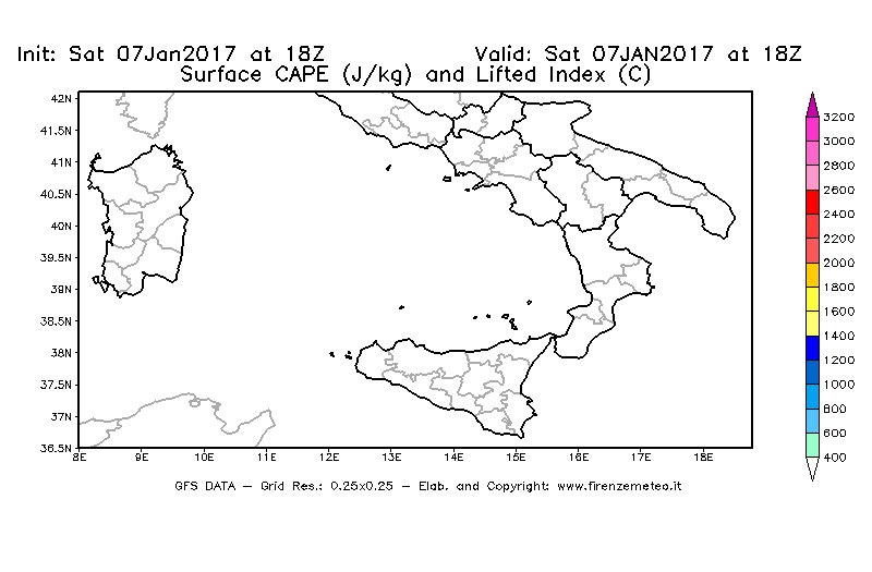 Mappa di analisi GFS - CAPE [J/kg] e Lifted Index [°C] in Sud-Italia
							del 07/01/2017 18 <!--googleoff: index-->UTC<!--googleon: index-->