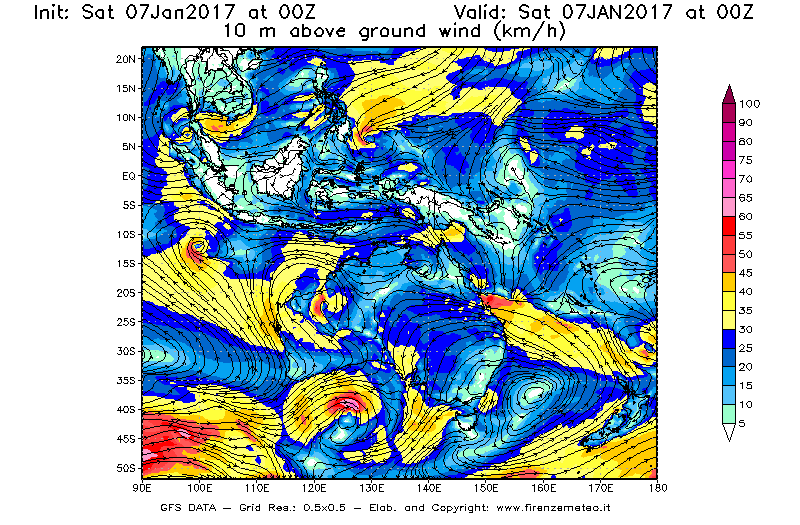 Mappa di analisi GFS - Velocità del vento a 10 metri dal suolo [km/h] in Oceania
							del 07/01/2017 00 <!--googleoff: index-->UTC<!--googleon: index-->
