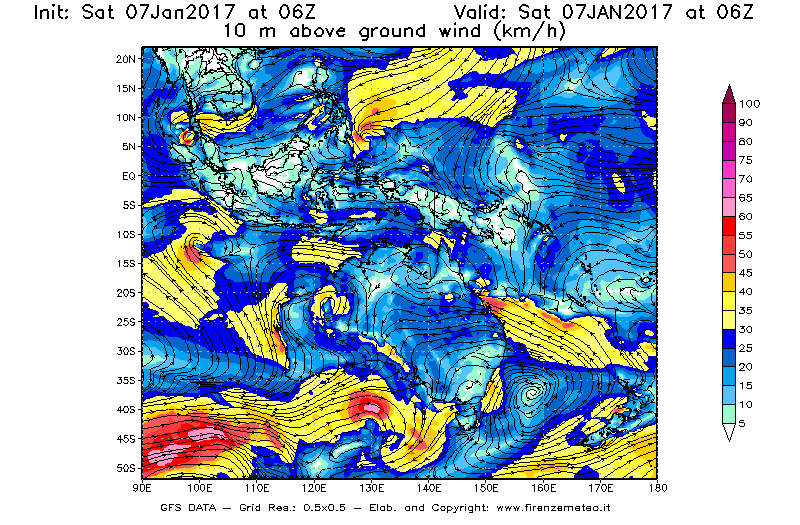 Mappa di analisi GFS - Velocità del vento a 10 metri dal suolo [km/h] in Oceania
							del 07/01/2017 06 <!--googleoff: index-->UTC<!--googleon: index-->