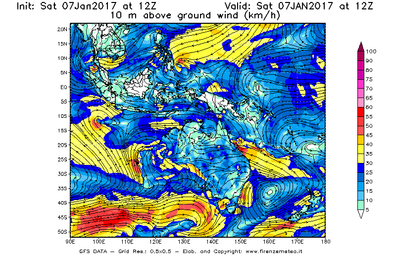 Mappa di analisi GFS - Velocità del vento a 10 metri dal suolo [km/h] in Oceania
							del 07/01/2017 12 <!--googleoff: index-->UTC<!--googleon: index-->