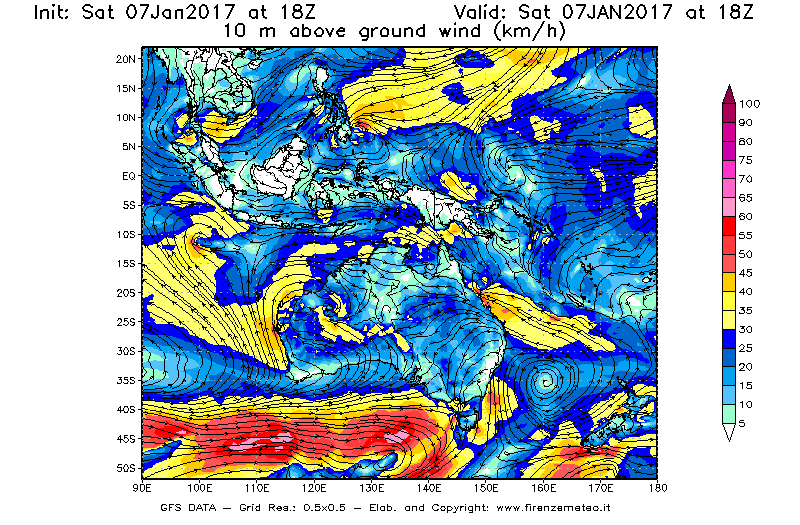 Mappa di analisi GFS - Velocità del vento a 10 metri dal suolo [km/h] in Oceania
									del 07/01/2017 18 <!--googleoff: index-->UTC<!--googleon: index-->