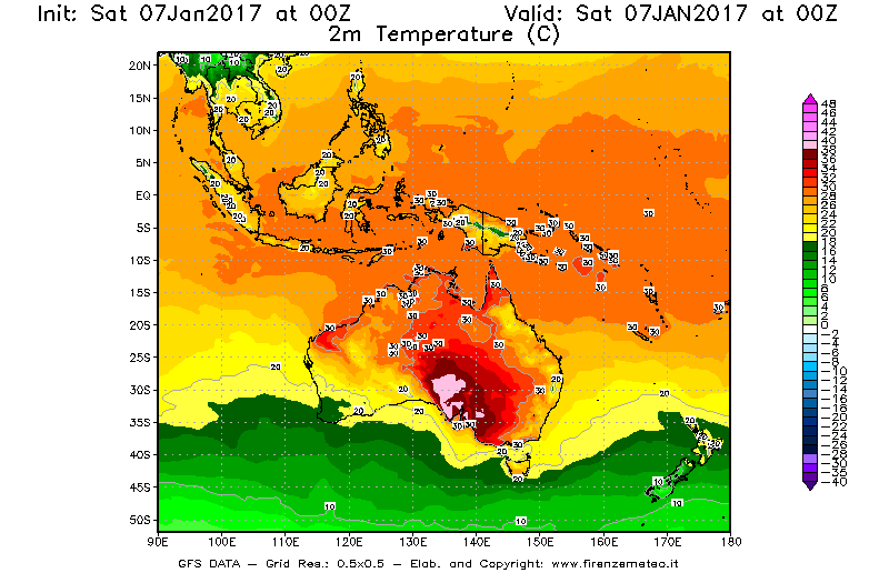 Mappa di analisi GFS - Temperatura a 2 metri dal suolo [°C] in Oceania
									del 07/01/2017 00 <!--googleoff: index-->UTC<!--googleon: index-->