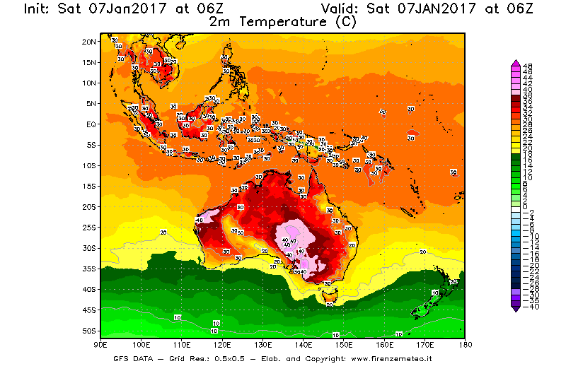 Mappa di analisi GFS - Temperatura a 2 metri dal suolo [°C] in Oceania
							del 07/01/2017 06 <!--googleoff: index-->UTC<!--googleon: index-->