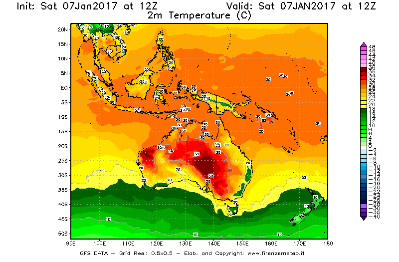 Mappa di analisi GFS - Temperatura a 2 metri dal suolo [°C] in Oceania
									del 07/01/2017 12 <!--googleoff: index-->UTC<!--googleon: index-->