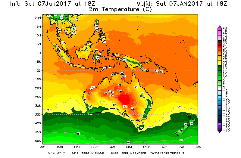 Mappa di analisi GFS - Temperatura a 2 metri dal suolo [°C] in Oceania
							del 07/01/2017 18 <!--googleoff: index-->UTC<!--googleon: index-->