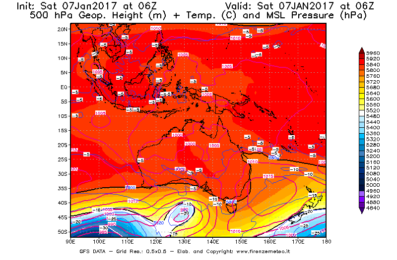 Mappa di analisi GFS - Geopotenziale [m] + Temp. [°C] a 500 hPa + Press. a livello del mare [hPa] in Oceania
							del 07/01/2017 06 <!--googleoff: index-->UTC<!--googleon: index-->