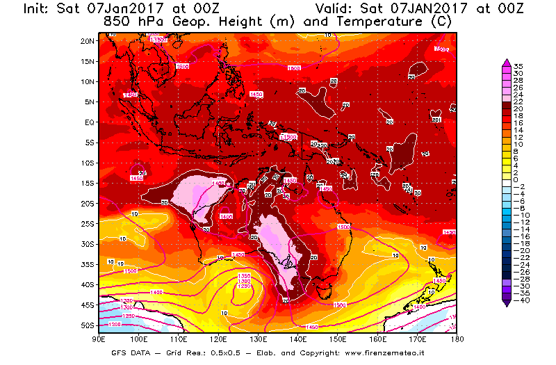 Mappa di analisi GFS - Geopotenziale [m] e Temperatura [°C] a 850 hPa in Oceania
							del 07/01/2017 00 <!--googleoff: index-->UTC<!--googleon: index-->