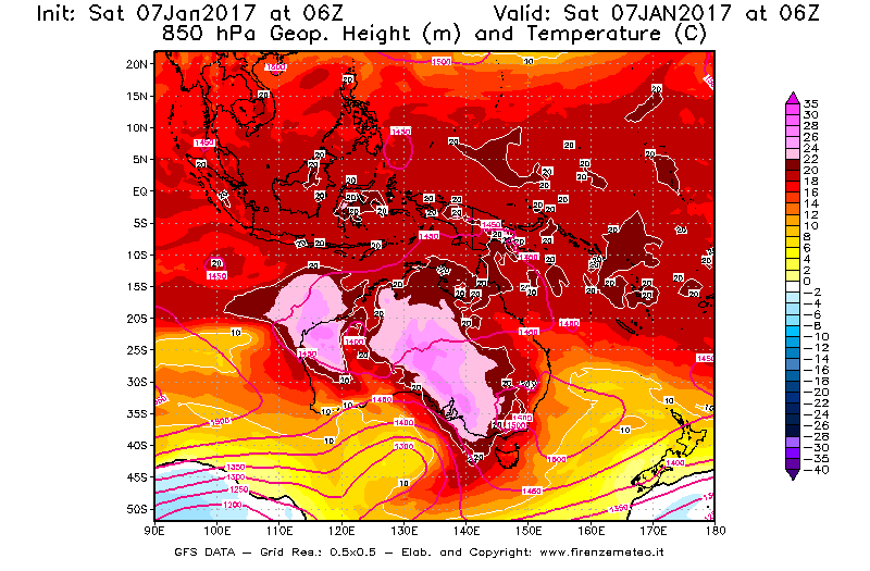 Mappa di analisi GFS - Geopotenziale [m] e Temperatura [°C] a 850 hPa in Oceania
							del 07/01/2017 06 <!--googleoff: index-->UTC<!--googleon: index-->