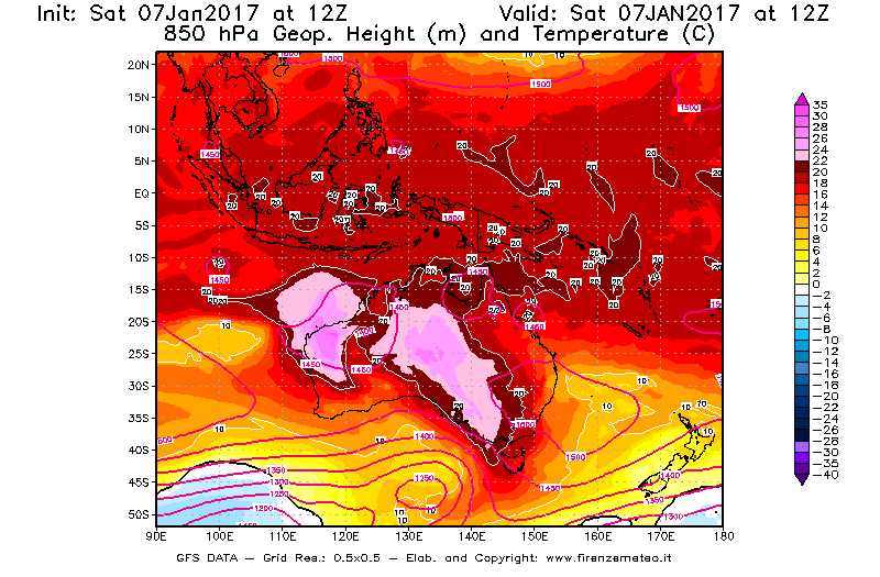Mappa di analisi GFS - Geopotenziale [m] e Temperatura [°C] a 850 hPa in Oceania
							del 07/01/2017 12 <!--googleoff: index-->UTC<!--googleon: index-->