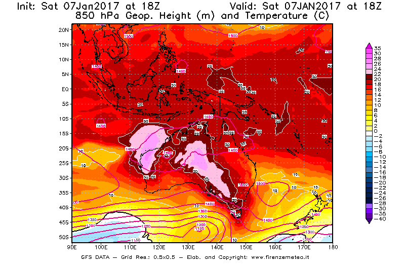 Mappa di analisi GFS - Geopotenziale [m] e Temperatura [°C] a 850 hPa in Oceania
							del 07/01/2017 18 <!--googleoff: index-->UTC<!--googleon: index-->