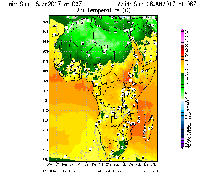 Mappa di analisi GFS - Temperatura a 2 metri dal suolo [°C] in Africa
							del 08/01/2017 06 <!--googleoff: index-->UTC<!--googleon: index-->