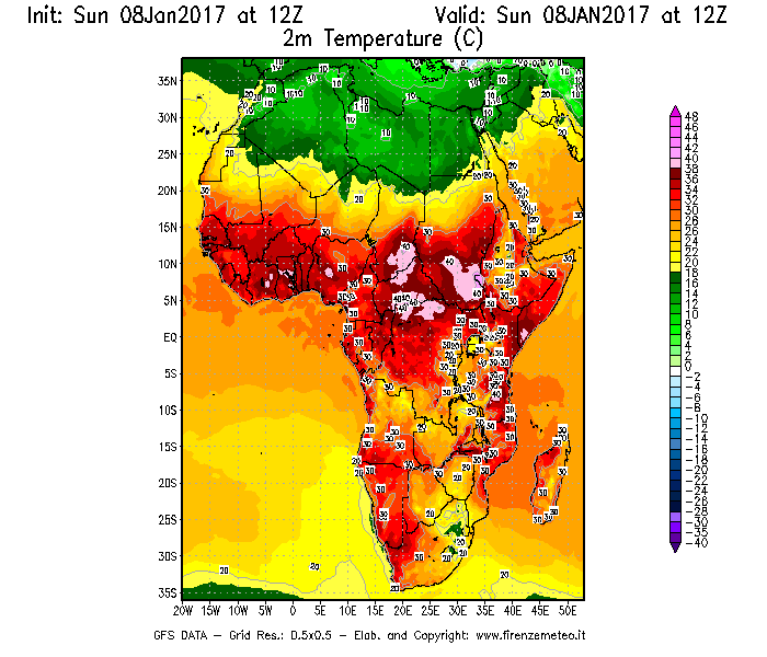 Mappa di analisi GFS - Temperatura a 2 metri dal suolo [°C] in Africa
							del 08/01/2017 12 <!--googleoff: index-->UTC<!--googleon: index-->