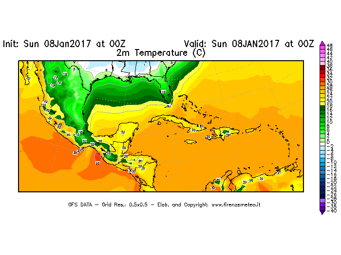 Mappa di analisi GFS - Temperatura a 2 metri dal suolo [°C] in Centro-America
							del 08/01/2017 00 <!--googleoff: index-->UTC<!--googleon: index-->
