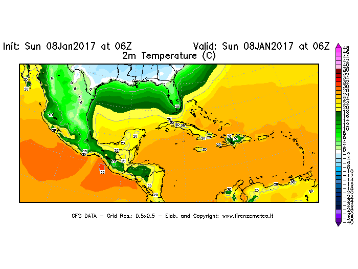 Mappa di analisi GFS - Temperatura a 2 metri dal suolo [°C] in Centro-America
							del 08/01/2017 06 <!--googleoff: index-->UTC<!--googleon: index-->