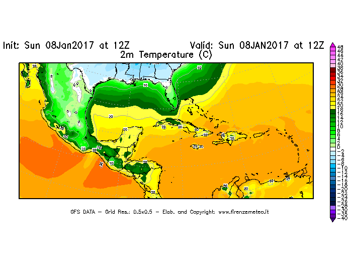 Mappa di analisi GFS - Temperatura a 2 metri dal suolo [°C] in Centro-America
							del 08/01/2017 12 <!--googleoff: index-->UTC<!--googleon: index-->