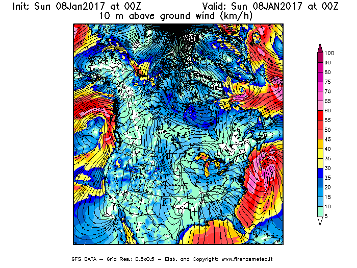 Mappa di analisi GFS - Velocità del vento a 10 metri dal suolo [km/h] in Nord-America
							del 08/01/2017 00 <!--googleoff: index-->UTC<!--googleon: index-->