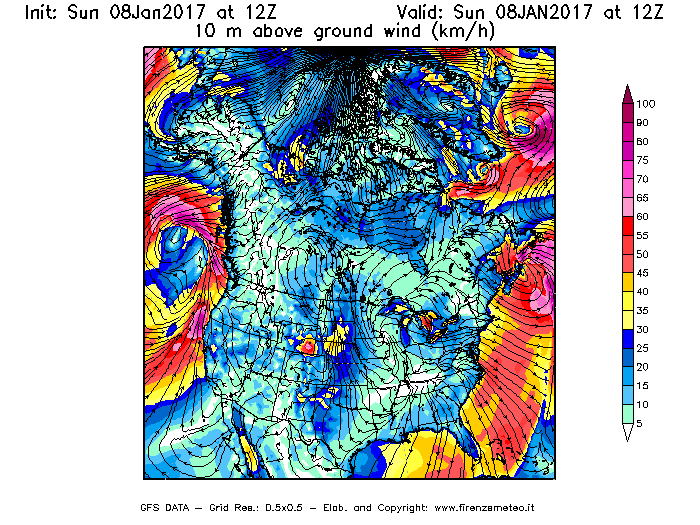Mappa di analisi GFS - Velocità del vento a 10 metri dal suolo [km/h] in Nord-America
							del 08/01/2017 12 <!--googleoff: index-->UTC<!--googleon: index-->